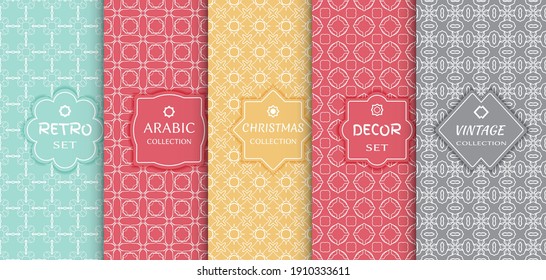 Set of seamless line patterns, colored background. Stylish decorative vintage, retro, arabic, christmas label decor set. Abstract geometric frame, vector illustration. Art Deco style, light colors