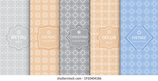 Set of seamless line patterns, colored background. Stylish decorative vintage, retro, arabic, christmas label decor set. Abstract geometric frame, vector illustration. Art Deco style, light colors