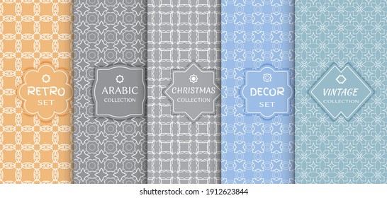Set of seamless line patterns, colored background. Stylish decorative vintage, retro, arabic, christmas label decor set. Abstract geometric frame, vector illustration. Art Deco style, light colors