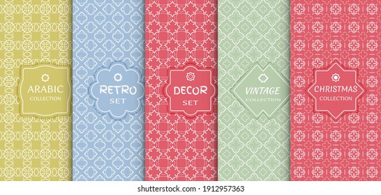 Set of seamless line patterns, colored background. Stylish decorative vintage, retro, arabic, christmas label decor set. Abstract geometric frame, vector illustration. Art Deco style, light colors