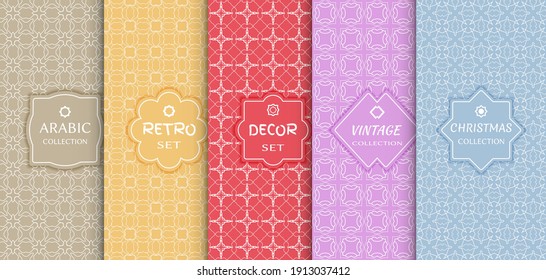 Set of seamless line patterns, colored background. Stylish decorative vintage, retro, arabic, christmas label decor set. Abstract geometric frame, vector illustration. Art Deco style, light colors