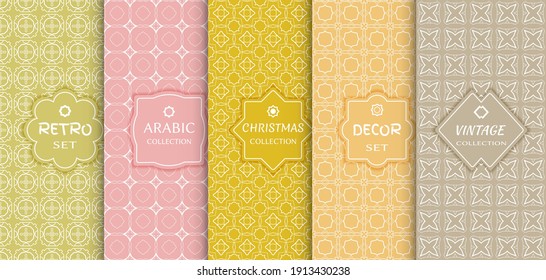 Set of seamless line patterns, colored background. Stylish decorative vintage, retro, arabic, christmas label decor set. Abstract geometric frame, vector illustration. Art Deco style, light colors