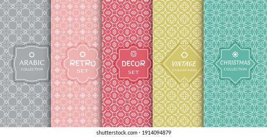 Set of seamless line patterns, colored background. Stylish decorative vintage, retro, arabic, christmas label decor set. Abstract geometric frame, vector illustration. Art Deco style, light colors