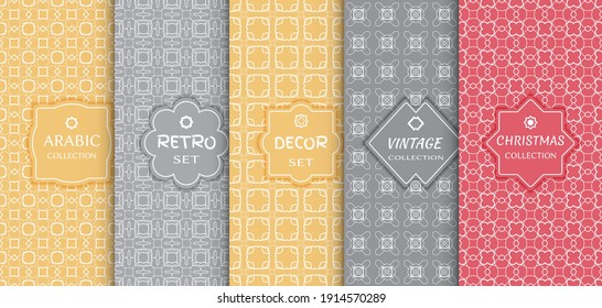 Set of seamless line patterns, colored background. Stylish decorative vintage, retro, arabic, christmas label decor set. Abstract geometric frame, vector illustration. Art Deco style, light colors