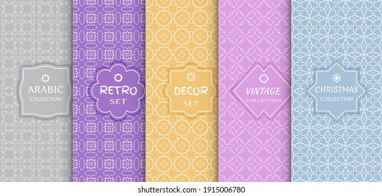 Set of seamless line patterns, colored background. Stylish decorative vintage, retro, arabic, christmas label decor set. Abstract geometric frame, vector illustration. Art Deco style, light colors