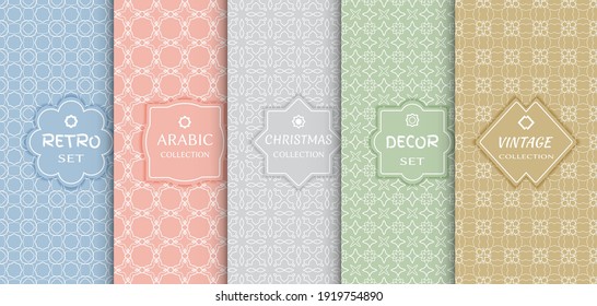Set of seamless line patterns, colored background. Stylish decorative vintage, retro, arabic, christmas label decor set. Abstract geometric frame, vector illustration. Art Deco style, light colors