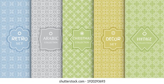 Set of seamless line patterns, colored background. Stylish decorative vintage, retro, arabic, christmas label decor set. Abstract geometric frame, vector illustration. Art Deco style, light colors