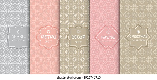 Set of seamless line patterns, colored background. Stylish decorative vintage, retro, arabic, christmas label decor set. Abstract geometric frame, vector illustration. Art Deco style, light colors