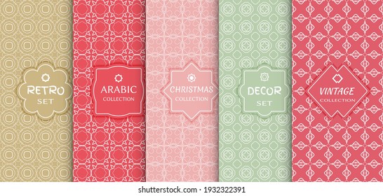 Set of seamless line patterns, colored background. Stylish decorative vintage, retro, arabic, christmas label decor set. Abstract geometric frame, vector illustration. Art Deco style, light colors