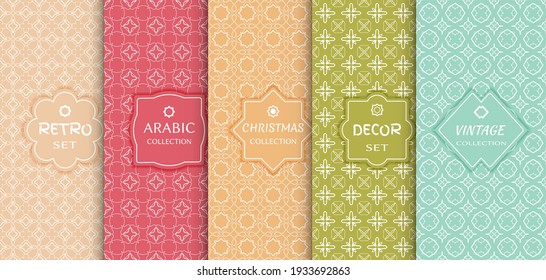 Set of seamless line patterns, colored background. Stylish decorative vintage, retro, arabic, christmas label decor set. Abstract geometric frame, vector illustration. Art Deco style, light colors