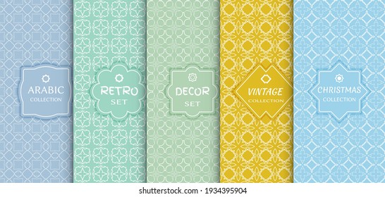 Set of seamless line patterns, colored background. Stylish decorative vintage, retro, arabic, christmas label decor set. Abstract geometric frame, vector illustration. Art Deco style, light colors