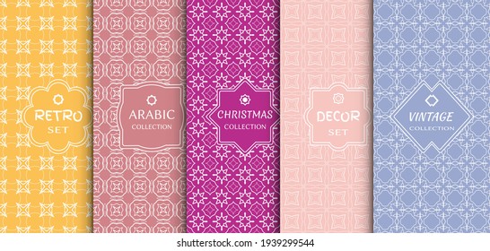 Set of seamless line patterns, colored background. Stylish decorative vintage, retro, arabic, christmas label decor set. Abstract geometric frame, vector illustration. Art Deco style, light colors