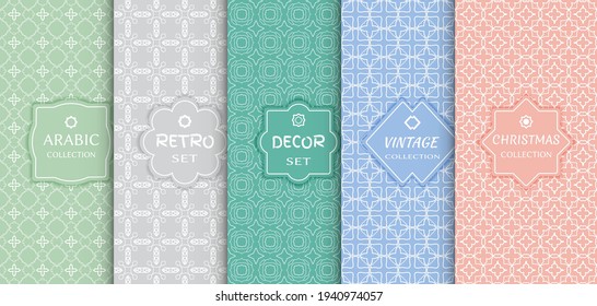 Set of seamless line patterns, colored background. Stylish decorative vintage, retro, arabic, christmas label decor set. Abstract geometric frame, vector illustration. Art Deco style, light colors