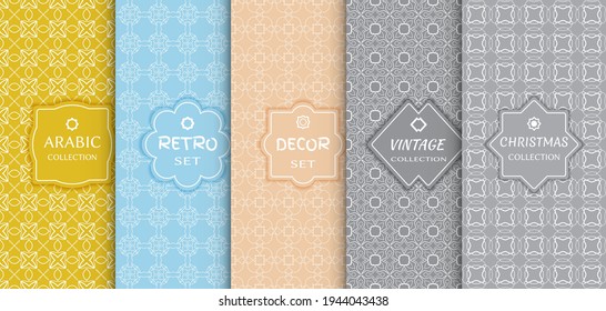 Set of seamless line patterns, colored background. Stylish decorative vintage, retro, arabic, christmas label decor set. Abstract geometric frame, vector illustration. Art Deco style, light colors