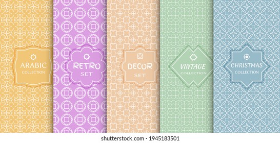 Set of seamless line patterns, colored background. Stylish decorative vintage, retro, arabic, christmas label decor set. Abstract geometric frame, vector illustration. Art Deco style, light colors
