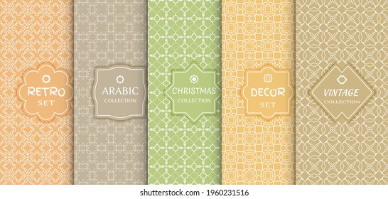 Set of seamless line patterns, colored background. Stylish decorative vintage, retro, arabic, christmas label decor set. Abstract geometric frame, vector illustration. Art Deco style, light colors