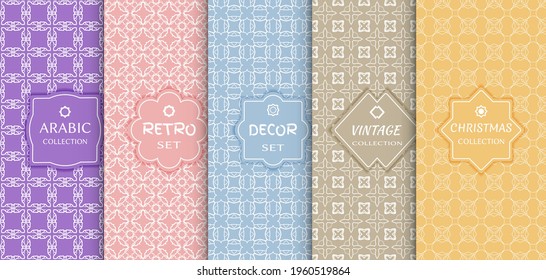 Set of seamless line patterns, colored background. Stylish decorative vintage, retro, arabic, christmas label decor set. Abstract geometric frame, vector illustration. Art Deco style, light colors