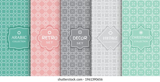 Set of seamless line patterns, colored background. Stylish decorative vintage, retro, arabic, christmas label decor set. Abstract geometric frame, vector illustration. Art Deco style, light colors