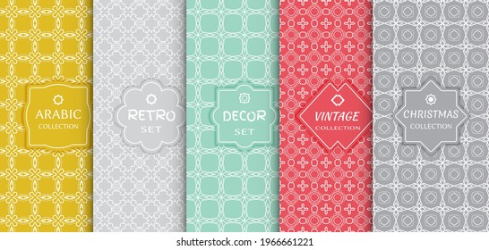 Set of seamless line patterns, colored background. Stylish decorative vintage, retro, arabic, christmas label decor set. Abstract geometric frame, vector illustration. Art Deco style, light colors