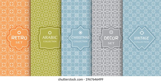 Set of seamless line patterns, colored background. Stylish decorative vintage, retro, arabic, christmas label decor set. Abstract geometric frame, vector illustration. Art Deco style, light colors