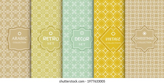 Set of seamless line patterns, colored background. Stylish decorative vintage, retro, arabic, christmas label decor set. Abstract geometric frame, vector illustration. Art Deco style, light colors
