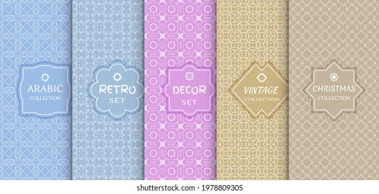Set of seamless line patterns, colored background. Stylish decorative vintage, retro, arabic, christmas label decor set. Abstract geometric frame, vector illustration. Art Deco style, light colors