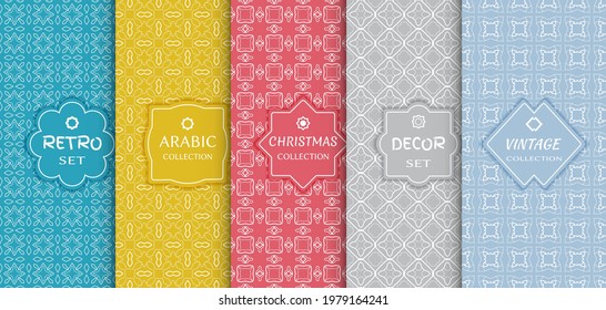 Set of seamless line patterns, colored background. Stylish decorative vintage, retro, arabic, christmas label decor set. Abstract geometric frame, vector illustration. Art Deco style, light colors