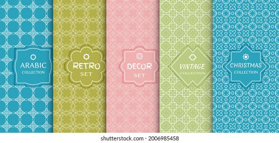 Set of seamless line patterns, colored background. Stylish decorative vintage, retro, arabic, christmas label decor set. Abstract geometric frame, vector illustration. Art Deco style, light colors