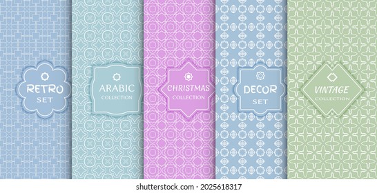 Set of seamless line patterns, colored background. Stylish decorative vintage, retro, arabic, christmas label decor set. Abstract geometric frame, vector illustration. Art Deco style, light colors