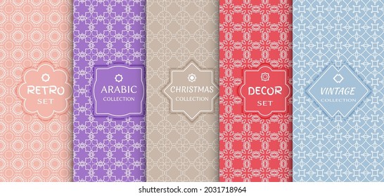 Set of seamless line patterns, colored background. Stylish decorative vintage, retro, arabic, christmas label decor set. Abstract geometric frame, vector illustration. Art Deco style, light colors