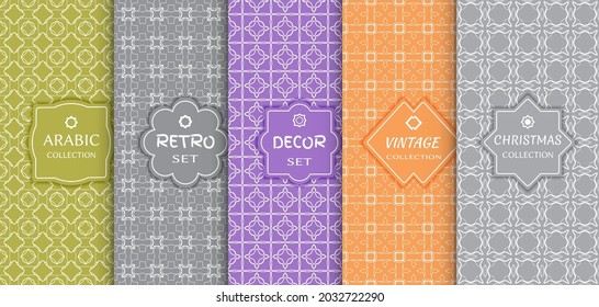 Set of seamless line patterns, colored background. Stylish decorative vintage, retro, arabic, christmas label decor set. Abstract geometric frame, vector illustration. Art Deco style, light colors