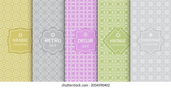Set of seamless line patterns, colored background. Stylish decorative vintage, retro, arabic, christmas label decor set. Abstract geometric frame, vector illustration. Art Deco style, light colors