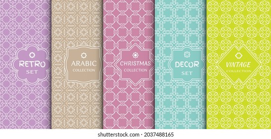 Set of seamless line patterns, colored background. Stylish decorative vintage, retro, arabic, christmas label decor set. Abstract geometric frame, vector illustration. Art Deco style, light colors