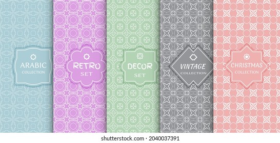 Set of seamless line patterns, colored background. Stylish decorative vintage, retro, arabic, christmas label decor set. Abstract geometric frame, vector illustration. Art Deco style, light colors