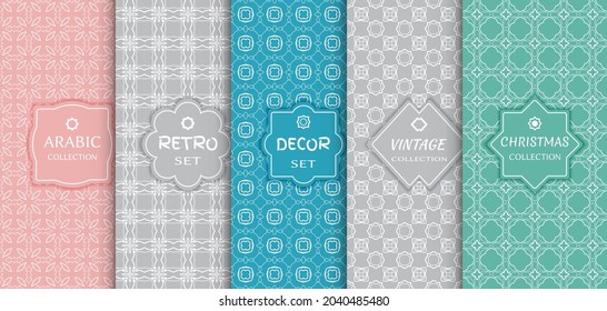 Set of seamless line patterns, colored background. Stylish decorative vintage, retro, arabic, christmas label decor set. Abstract geometric frame, vector illustration. Art Deco style, light colors