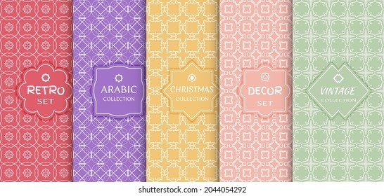 Set of seamless line patterns, colored background. Stylish decorative vintage, retro, arabic, christmas label decor set. Abstract geometric frame, vector illustration. Art Deco style, light colors