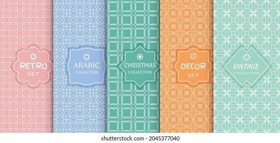 Set of seamless line patterns, colored background. Stylish decorative vintage, retro, arabic, christmas label decor set. Abstract geometric frame, vector illustration. Art Deco style, light colors