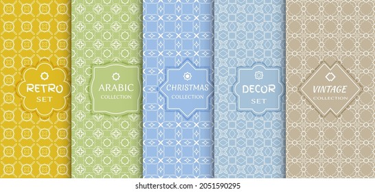 Set of seamless line patterns, colored background. Stylish decorative vintage, retro, arabic, christmas label decor set. Abstract geometric frame, vector illustration. Art Deco style, light colors