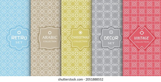 Set of seamless line patterns, colored background. Stylish decorative vintage, retro, arabic, christmas label decor set. Abstract geometric frame, vector illustration. Art Deco style, light colors