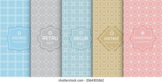 Set of seamless line patterns, colored background. Stylish decorative vintage, retro, arabic, christmas label decor set. Abstract geometric frame, vector illustration. Art Deco style, light colors