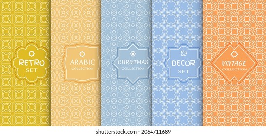 Set of seamless line patterns, colored background. Stylish decorative vintage, retro, arabic, christmas label decor set. Abstract geometric frame, vector illustration. Art Deco style, light colors