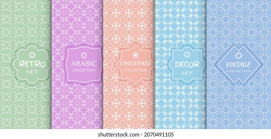 Set of seamless line patterns, colored background. Stylish decorative vintage, retro, arabic, christmas label decor set. Abstract geometric frame, vector illustration. Art Deco style, light colors