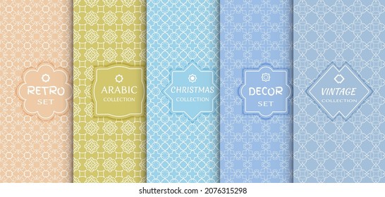 Set of seamless line patterns, colored background. Stylish decorative vintage, retro, arabic, christmas label decor set. Abstract geometric frame, vector illustration. Art Deco style, light colors