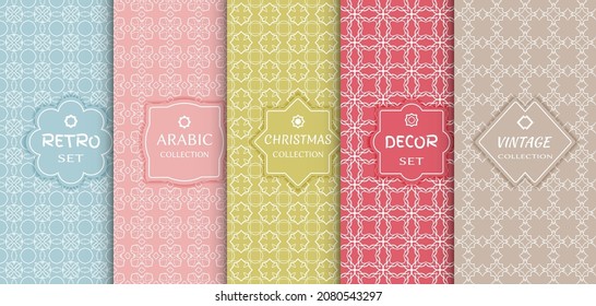 Set of seamless line patterns, colored background. Stylish decorative vintage, retro, arabic, christmas label decor set. Abstract geometric frame, vector illustration. Art Deco style, light colors