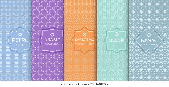 Set of seamless line patterns, colored background. Stylish decorative vintage, retro, arabic, christmas label decor set. Abstract geometric frame, vector illustration. Art Deco style, light colors