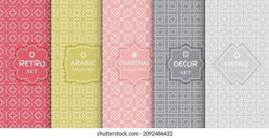 Set of seamless line patterns, colored background. Stylish decorative vintage, retro, arabic, christmas label decor set. Abstract geometric frame, vector illustration. Art Deco style, light colors