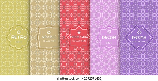 Set of seamless line patterns, colored background. Stylish decorative vintage, retro, arabic, christmas label decor set. Abstract geometric frame, vector illustration. Art Deco style, light colors