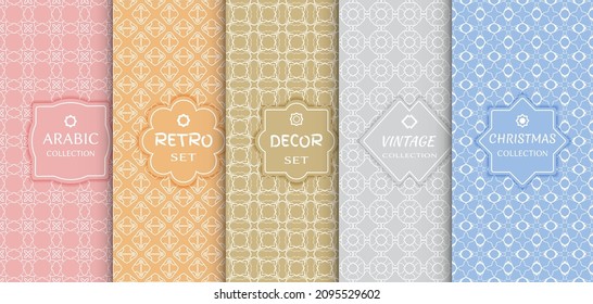 Set of seamless line patterns, colored background. Stylish decorative vintage, retro, arabic, christmas label decor set. Abstract geometric frame, vector illustration. Art Deco style, light colors