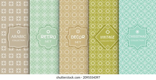 Set of seamless line patterns, colored background. Stylish decorative vintage, retro, arabic, christmas label decor set. Abstract geometric frame, vector illustration. Art Deco style, light colors