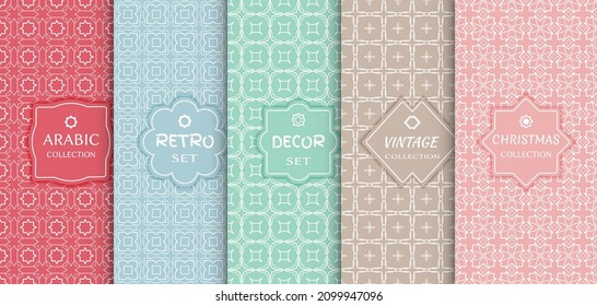 Set of seamless line patterns, colored background. Stylish decorative vintage, retro, arabic, christmas label decor set. Abstract geometric frame, vector illustration. Art Deco style, light colors